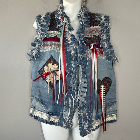 HANDMADE Vintage OOAK Upcycled Funky Unique Denim Vest Tassle Beaded Lace Fringe - Picture 1 of 11